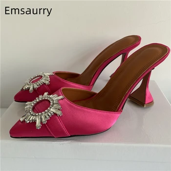 

Crystal Sunflower Buckle Belt Women Slippers High Goblet Heel Pointed Toe Luxury Satin Slip-on Runway Shoes Woman