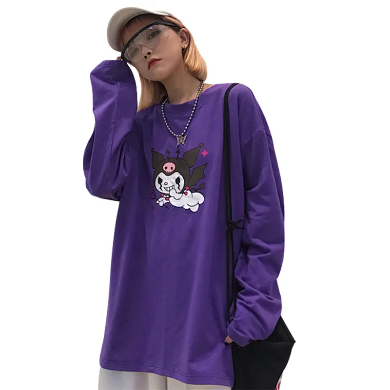Фиолетовая Женская длинная футболка с принтом демона, женская футболка с круглым вырезом и коротким рукавом, весенне-осенние повседневные футболки в стиле хип-хоп, топы, футболки
