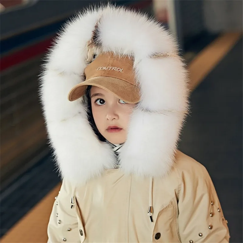 Beige Новинка года; зимнее Детское пальто для девочек; верхняя одежда; однотонные двухслойные ветрозащитные и теплые куртки с меховым капюшоном для девочек; одежда - Цвет: Beige
