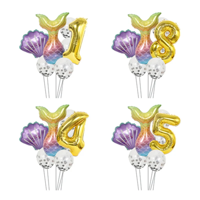 

7pcs Mermaid birthday party decoration balloon 40 inch digital foil balloon purple shell silver sequin latex balloons suit