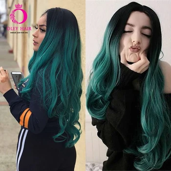 

OLEY Glueless Deep Wave Green Wig Heat Resistant Synthetic Lace Front Wig Freepart Long Ombre Cosplay Wigs For Black Women