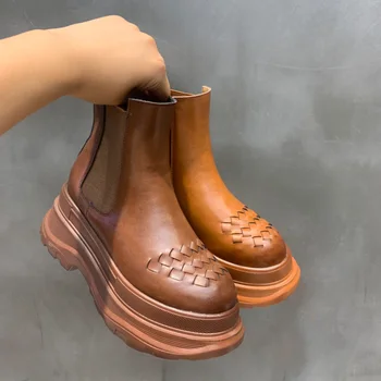 

plus cotton short boots women Chelsea boots woven pure cowhide platform boots wedge heel Martin boots shoes for women