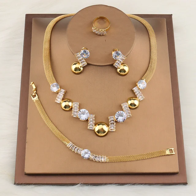 Brilliant Cubic Zircon Jewelry Set: Necklace, Earrings, Ring, Bracelet