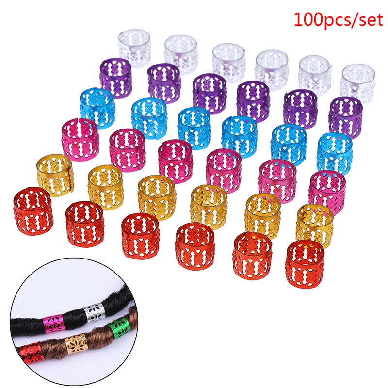 100pcs Mixed Beads Adjustable Hair Braids Dreadlock Beads Hair Braid Rings Cuff Clips Tubes Jewelry 6 colors
