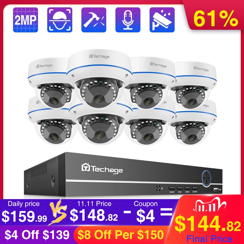 

Techage 8CH 1080P POE NVR Kit Security Camera System 2.0MP HD Dome IP Cameras IR Indoor Night Vision CCTV Video Surveillance Set