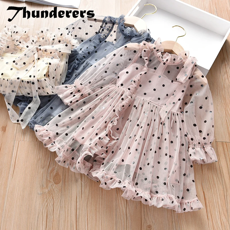 Thunderers Fashion Girl Party Dresses Mesh Dots Long Sleeve Children Princess Dress Casual Elegant Kids Dress Baby Clothes