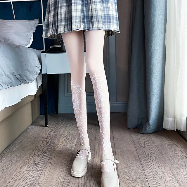 Bride Lace Stockings Lolita Hollowed Out Bottomed Thin Pantyhose Retro Floral Rattan White Stocking Hot Classic Tights white