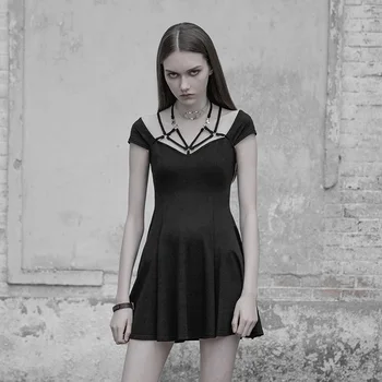 

PUNK RAVE Women's Sexy Tight Strap Dress Elastic Knit V Collar Hollow Out Backless Summer Mini Dress