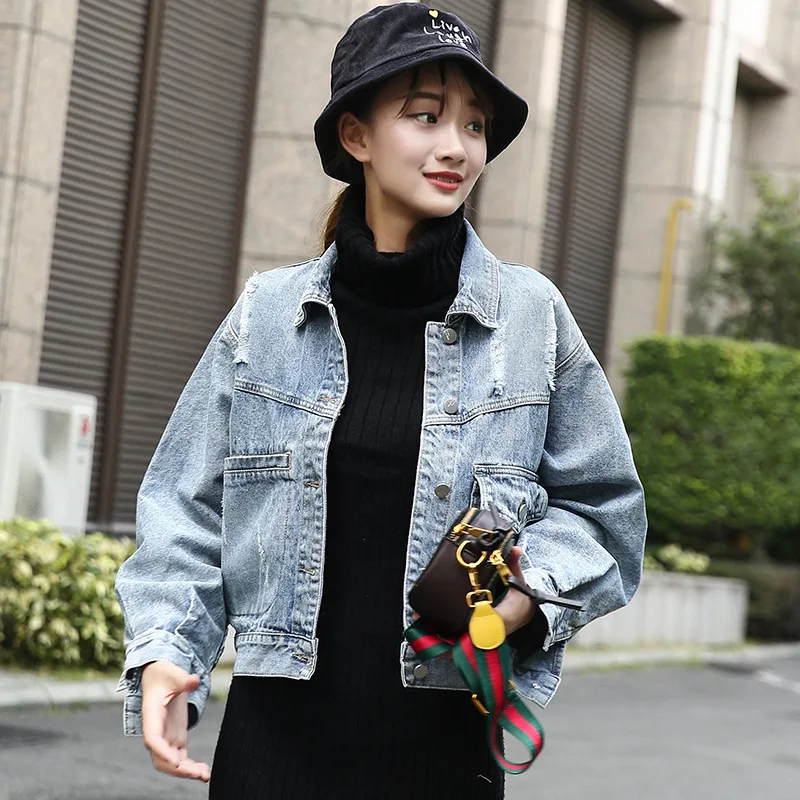 

2019 Autumn New Style Jeans Coat Short Long Sleeve Korean-style Loose-Fit Versitile Fashion Women's with Holes Trend Jacket