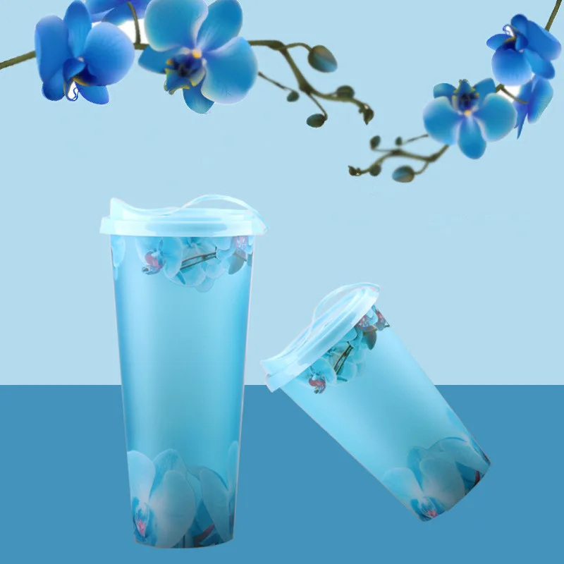

50pcs 9cm caliber pink blue creative frosted injection plastic cups 500ml 700ml birthday BBQ party favor drink cup with lid