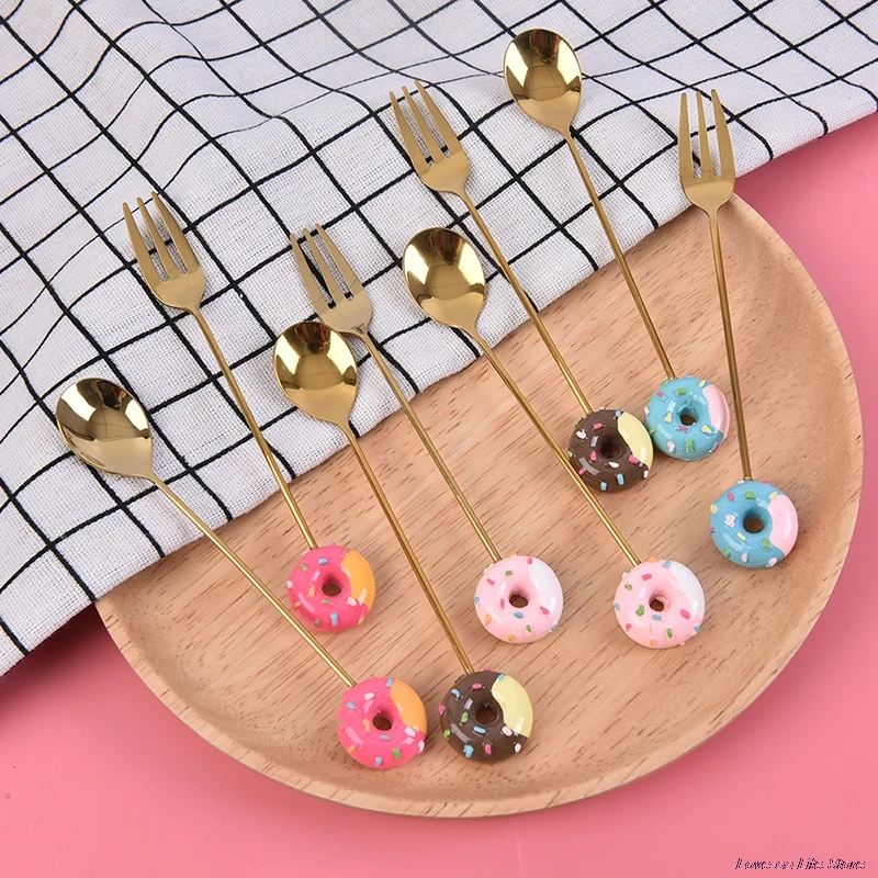 1PC Stainless Steel Mickey Doughnut Spoon Fork Cake Coffee Dessert Golden Ice Cream Stirring spoons Candy Cute Cartoon Teaspoon | Дом и сад