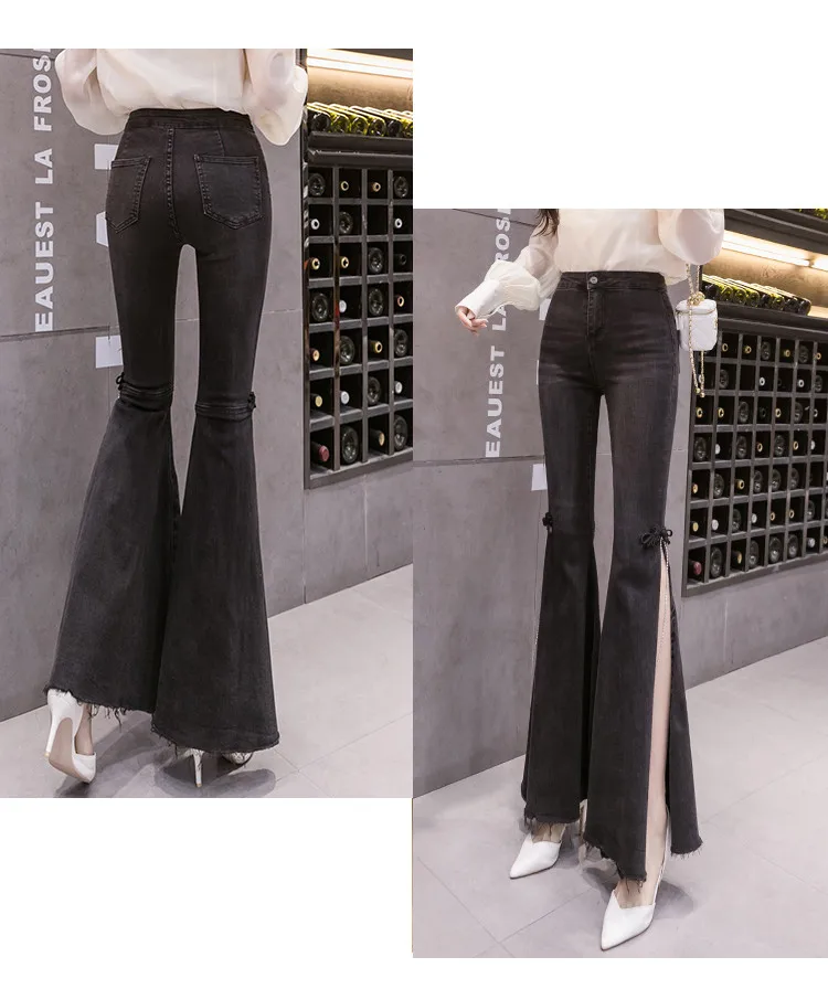 High Waist New Elastic Fabric Women Fashion Jeans Flare Pants Casual Bow Slim Split Female Black Denim Jeans Ladies trousers amiri jeans