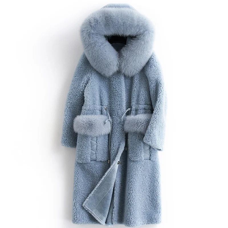 Blue Пальто из натурального меха, Женская длинная куртка для стрижки овец, женская зимняя одежда, корейский натуральный Лисий мех с капюшоном, шерсть, топы LW2302 - Цвет: Blue