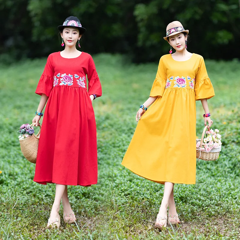 

Photo Shoot 2019 Spring And Summer New Style Origional Embroidery Robes Women's Ethnic-Style WOMEN'S Dress Cotton Linen Embroide