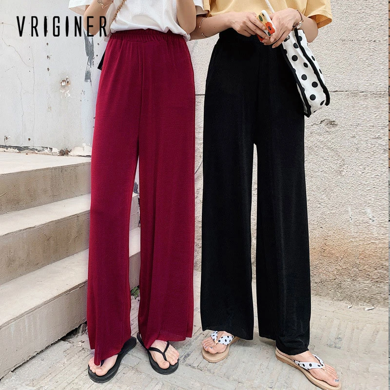 

New Summer Female Solid Ice Silk Beach Wide Pants Lady High Quality Simple Casual Straight Elastic Waist Large Size Sweatpants