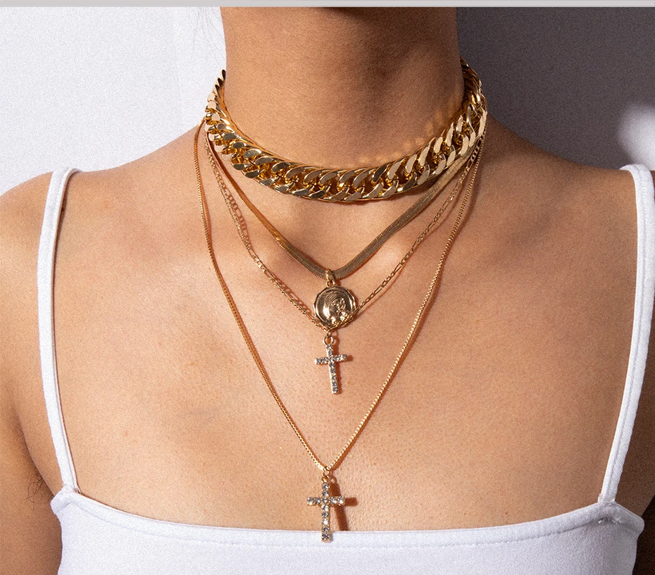 SHIXIN панк слоистые массивные ожерелья для женщин модная подвеска крест ожерелья заявление кубинские звенья цепи украшения на шею
