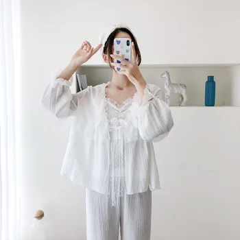 

Pajamas Set Sleepwear 3 pcs Set women Autumn Long sleeve Nightclothes For Lady