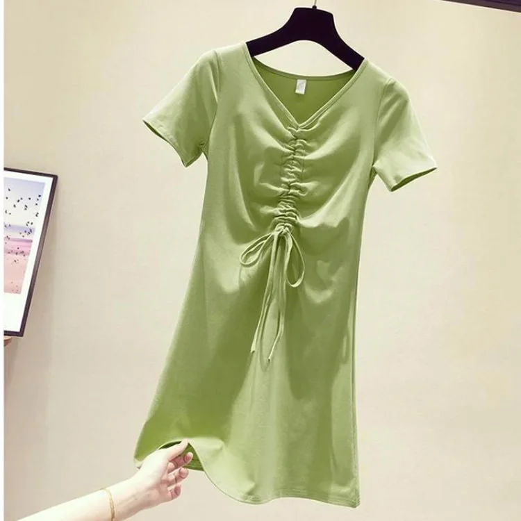 

Avocado Green Drawstring V-neck Dress Women's 2019 Summer New Style Wisdom Smoked French Popular Platycodon Grandiflorum Skirt F