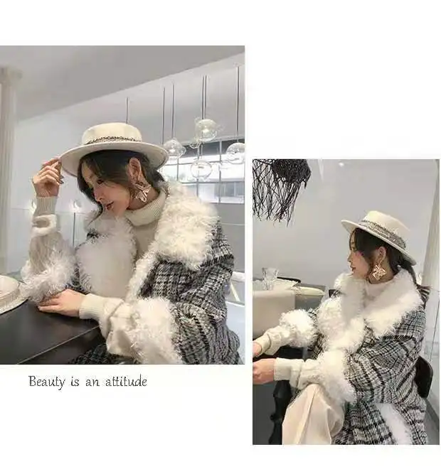 Woman Plaid Woolen Coat Fleece Warm Lamb Blazer Jacket