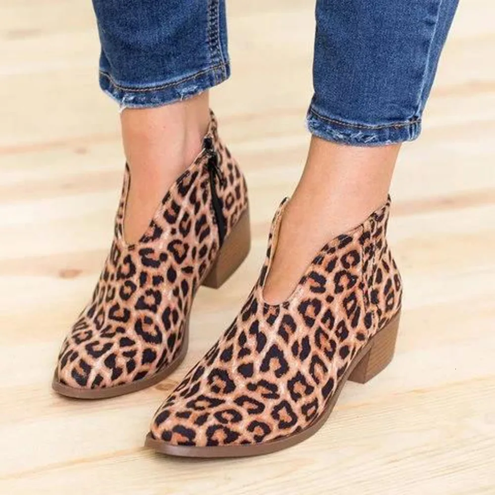 

Autumn Winter European And American Leopard Thick With Low With Foreign Trade Large Size 43 Side Zipper Short Boots