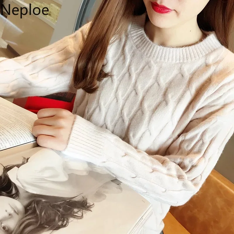 Neploe/корейские новости, свободная однотонная трикотажная женская зимняя одежда, Пуловеры с круглым вырезом, Модный милый стильный свитер 45575