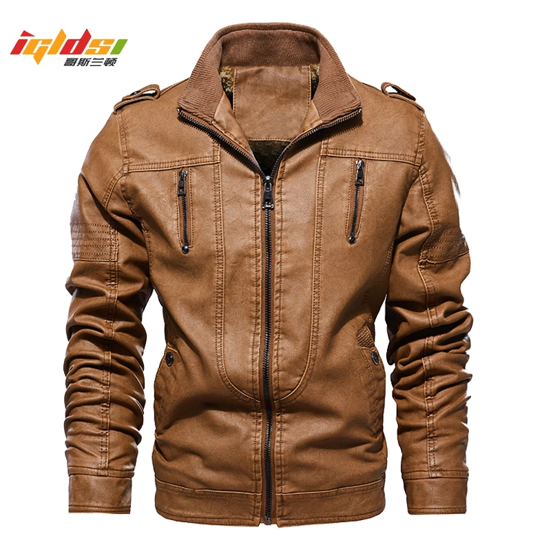 

Men's Winter Luxury Zipper Fleece Leather Jacket Coats Slim Fit Motorcycle Pu Leather Jacket Stand Collar jaqueta de couro