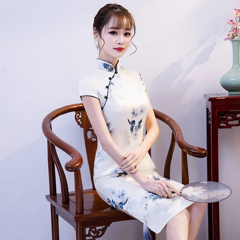 Стильный стильный принт в китайском стиле винтажное женское Короткое платье Qipao классический сценический показ Элегантный женский воротник стойка чонсам
