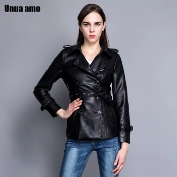 

Unua amo Faux Leather Jacket Women Fashion Double-breasted Belt Design 2020 Spring Black Pink Motorcycle Biker Jacket Woman