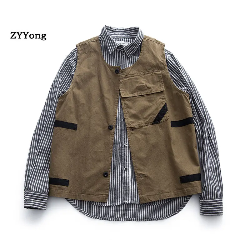 Cotton Vest Men's Fashion Solid Color Casual Multi-pocket Tooling Wind Vest Jacket Men Streetwear Wild Loose Couple Gilet