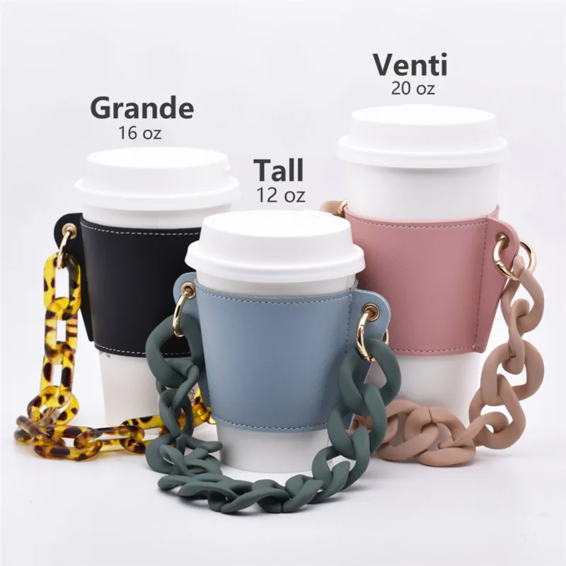 Reusable with Chain Travel Eco-friendly Drink Case Bag Coffee Sleeve Bottle  Cover PU Leather Cup Holder - AliExpress