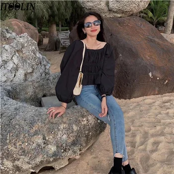 

ITOOLIN vintage Womens blouses crop top puff sleeve blouse Women's clothing ladies tops autumn 2020 Top female women blouses