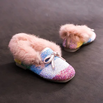

Winter Girls Leather Shoes Children Pink Black Crystal Rhinestone Shoes Velvet Soft Non-Slip bow-knot Princess Shoes