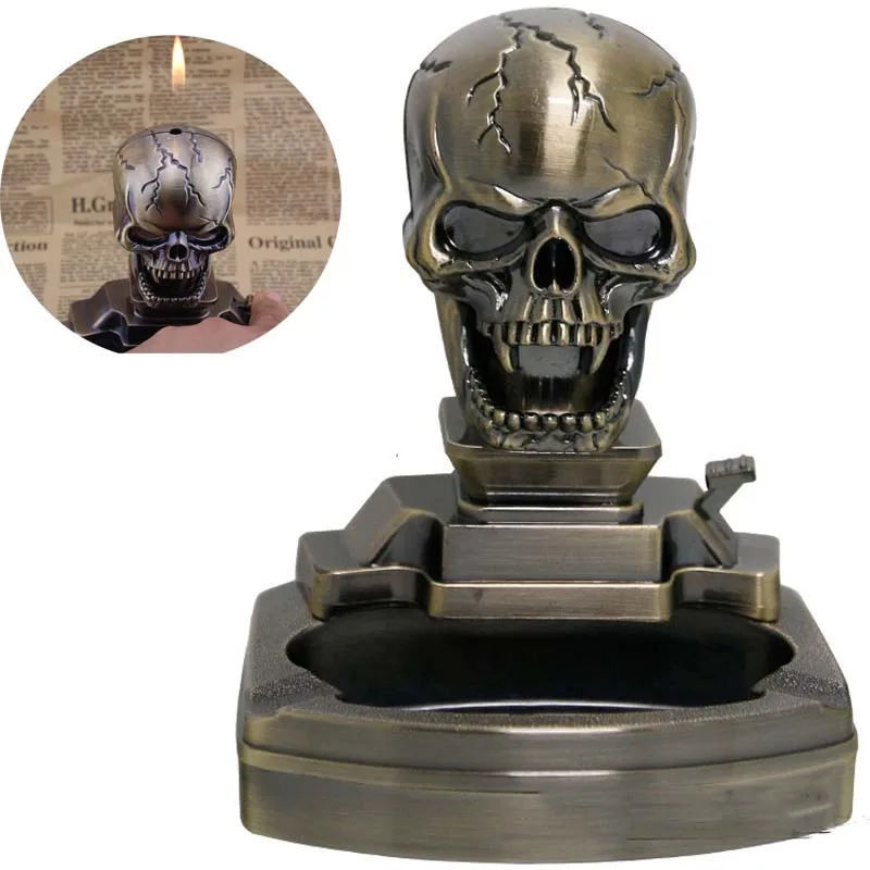 

Cigar Cigarette Torch Lighter Skull Shape Butane Gas Lighter with Ashtray for Home Decoration Crafts Smoking Accessories