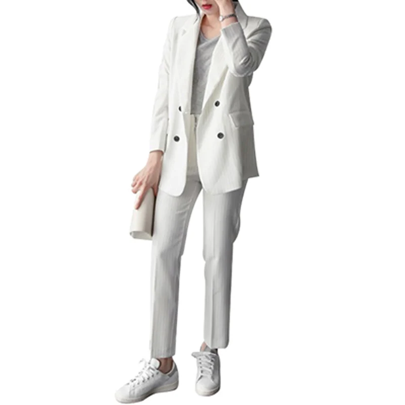 Женский блейзер брючный костюм набор Зубчатый воротник двубортный Блейзер пиджак брюки костюм полосатый OL пальто укороченные брюки повседневные 2 шт - Цвет: Белый
