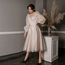 Robe De bal élégante grise pour femmes, Robe De soirée à manches longues, Corset en Tulle brillant, ligne A, longueur thé 