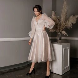 Elegant Gray Formal Prom Dresses For Woman With Long Sleeves Party Gown Tea Length A Line Shinny Tulle Corset Robe De Soriee