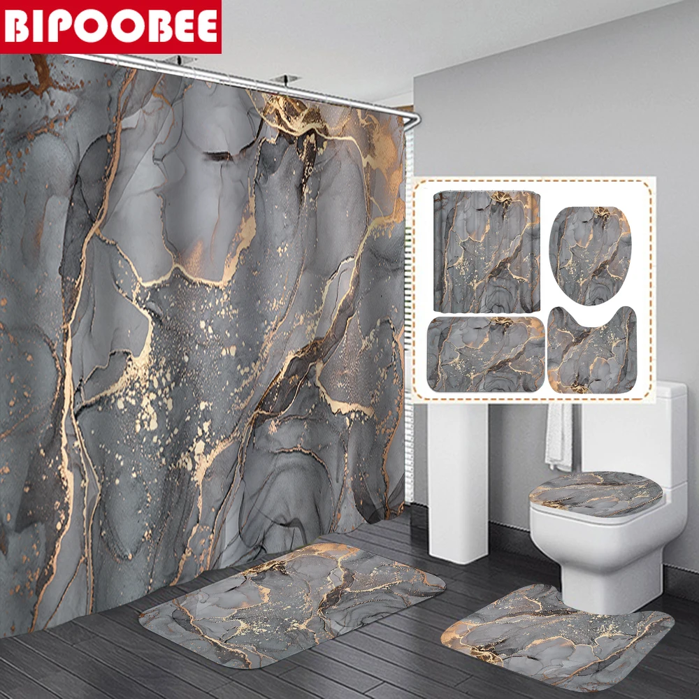 Abstract Marble Shower Curtain Crack Gold Texture Luxury Stone Grain Bathroom Curtains Toilet Cover and Bath Mat Non-Slip Rug | Дом и сад