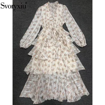 

Svoryxiu Designer Fashion Spring Summer Long Dresses Women's Lantern Sleeve V-Neck Flower Print Tiered Ruffles Cake Dress