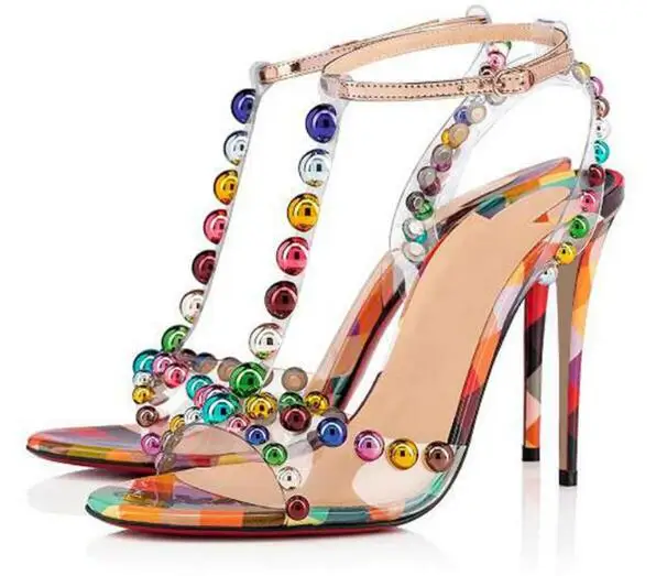 Colorful Bauble-Studded High Heel Sandals Rainbow Studs T-Strap