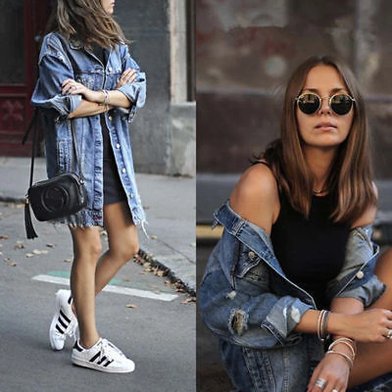 Women's Basic Coat Holes Baggy Denim Jacket Long Sleeve Loose Street Style Outwear Winter NEW