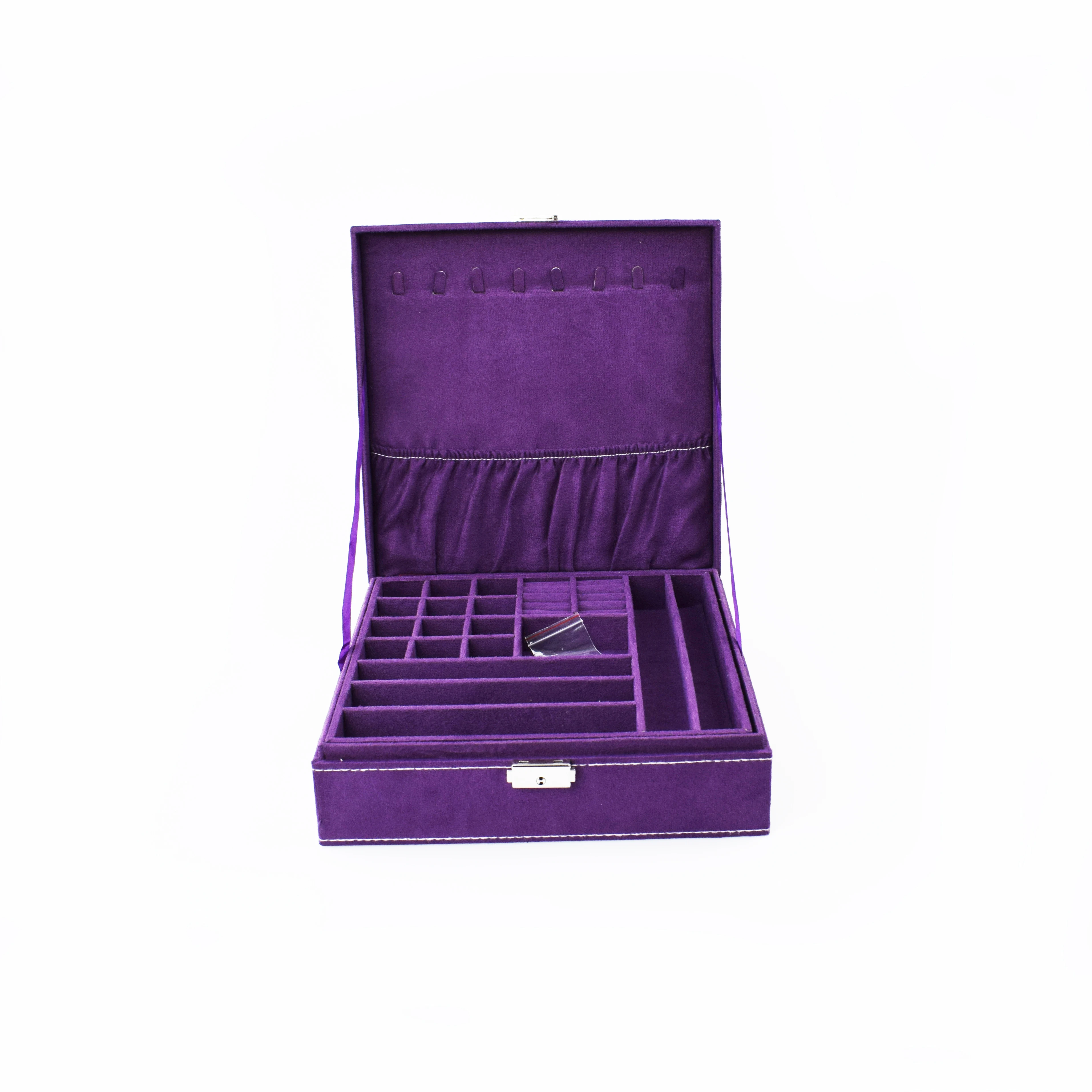 Фиолетовая двухслойная коробка-органайзер для ювелирных изделий, чехол для хранения с замком