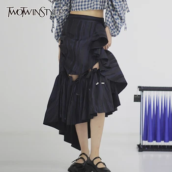 

TWOTWINSTYLE Elegant Asymmetrical Women Skirt High Waist Print Patchwork Ruffles Hollow Out Patchwork Bownot Skirts Female Tide