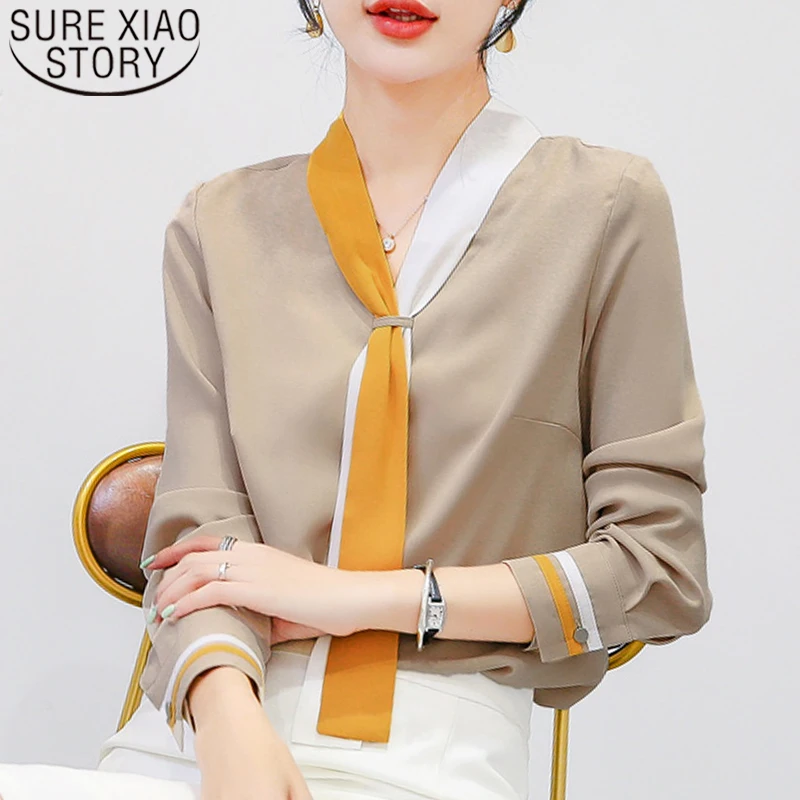 

Fashion womens tops and blouses 2019 ladies tops chiffon blouses long sleeve solid button Spliced Bow plus size tops 6269 50