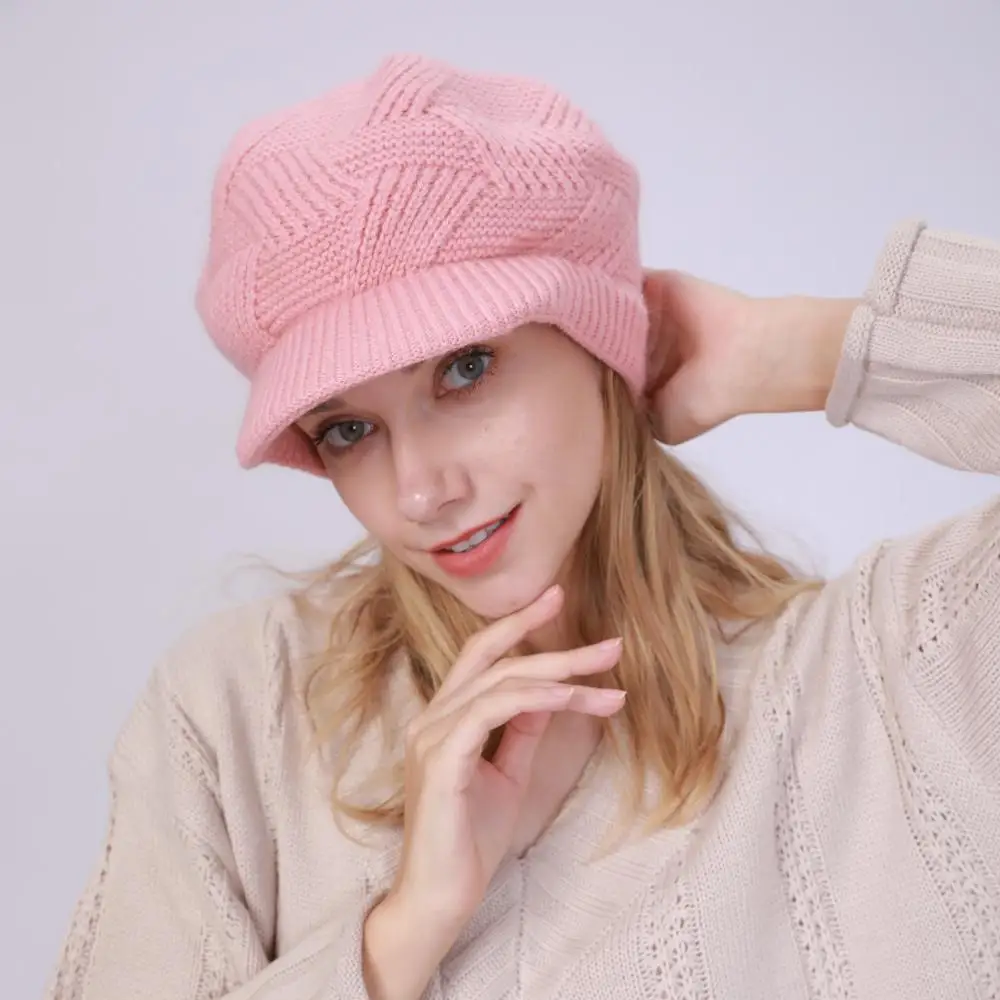 Модная женская зимняя шапка с помпонами, уличная шапка Skullies Beanies для девочек, новинка, однотонная, плюс шерсть, вязаная, теплая, саржевая шапка - Цвет: Розовый
