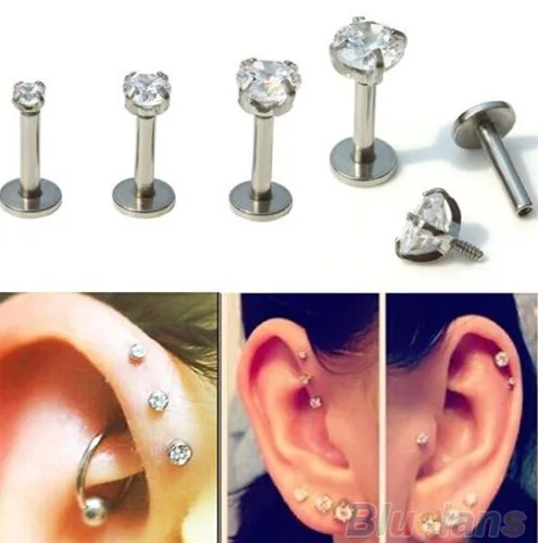 

4PCS Stainless Steel Piercing Kit with Crystal Inner Teeth Labret Crystal Set Lip Ring Long Brush Holder Ear Stud