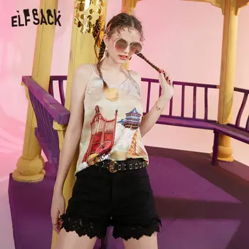 

ELFSACK Green Cartoon Print Casual Satin Women Sling Tank 2020 ELF Summer Vintage Sleeveless Sexy Ladies V Neck Daily Camis Tops