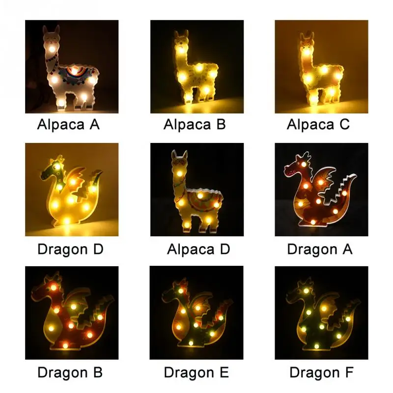 6 leds Night Lamp Hanging Desktop Battery Powered Cute Light Gift Bedside Path Alpaca Shape Decorative dragon animal style