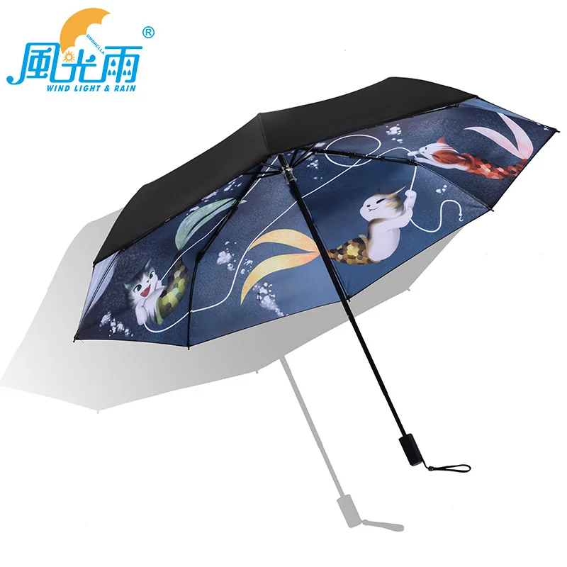 

Three Fold Umbrella Vinyl College Style Adult Children Umbrella Illustration Creative Parasol UV-Protection Foreign Trade Black