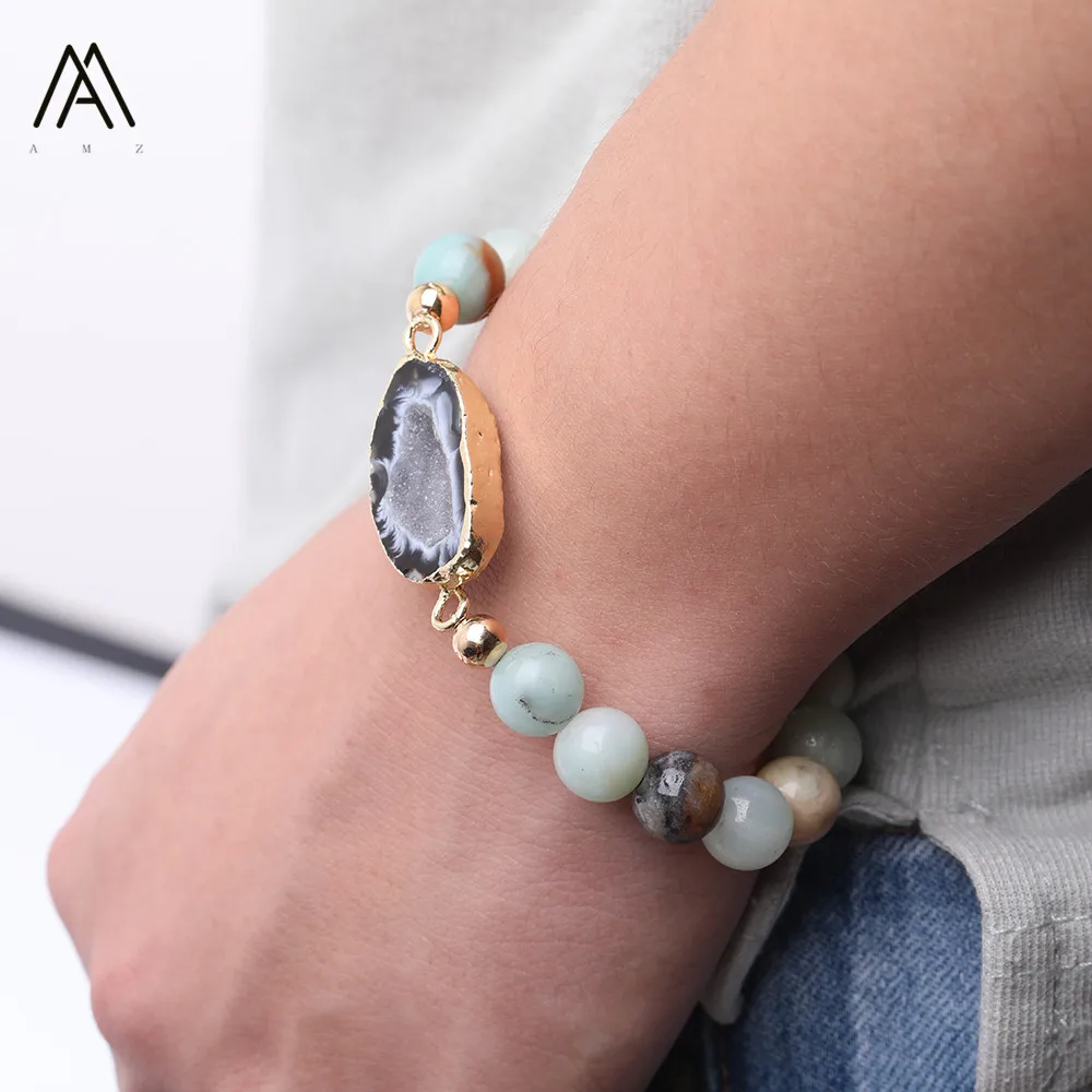 Boho Druzy наскальный Агат Камень эластичный браслет, Amazon Stone Круглые бусины кулон браслет ювелирные изделия Для женщин Крафтовая Подарочная N0034AMAB