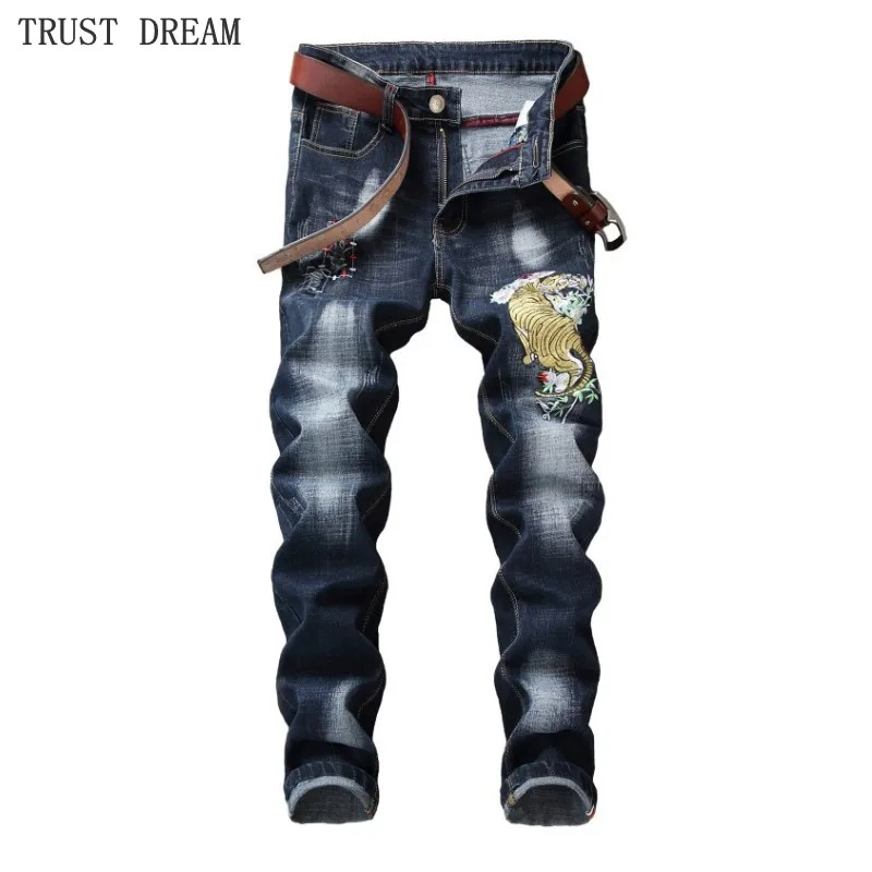 2019 New Man Slim Jeans Printed Embroidery Patchwork Stretch Spliced Ripped Holes Men Denim Pants Streetwear Cool High Quality